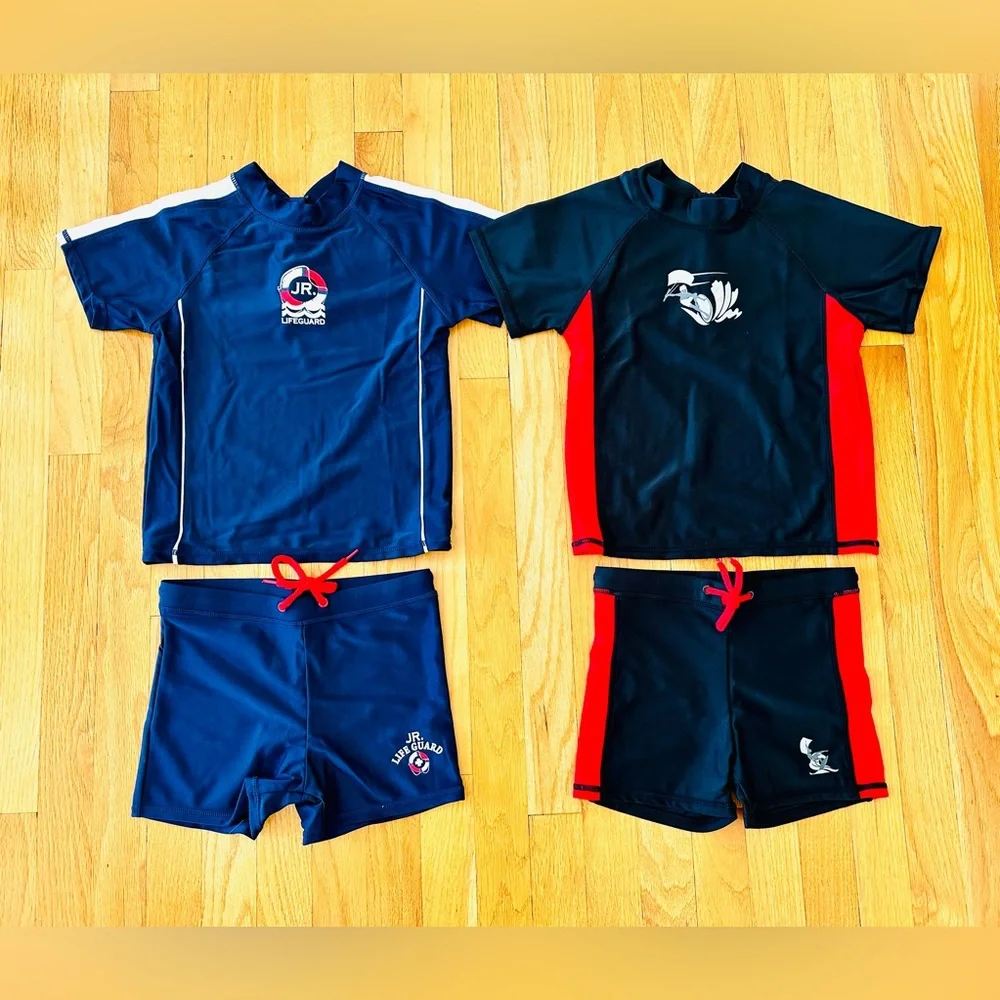 2 Pairs Boy Swim-Sets with Swim Trunks & Rash-guards in Black and Navy Blue NWOT
